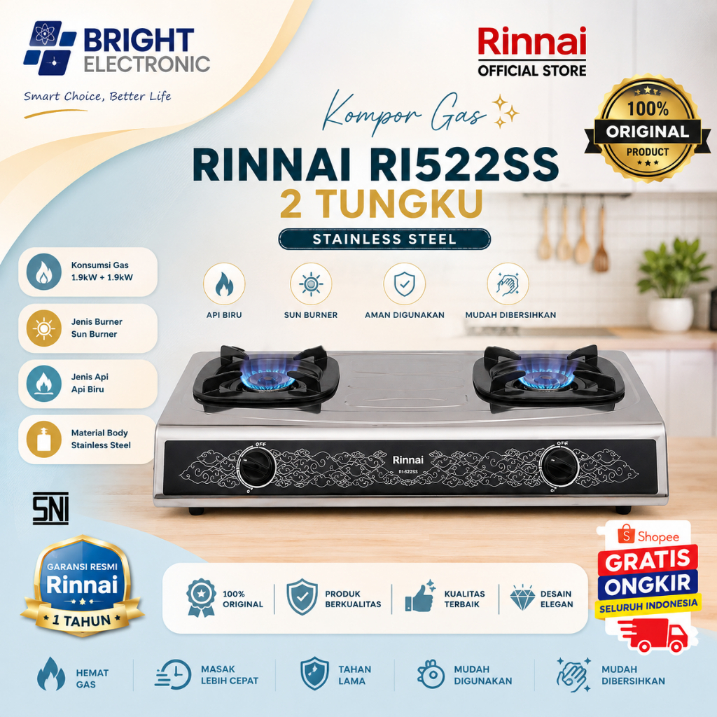 RINNAI KOMPOR GAS 2 TUNGKU RI522SS ORI BERGARANSI/RI522SS/RI-522-SS/RI 522 SS/RI-522 SS/RI 522-SS