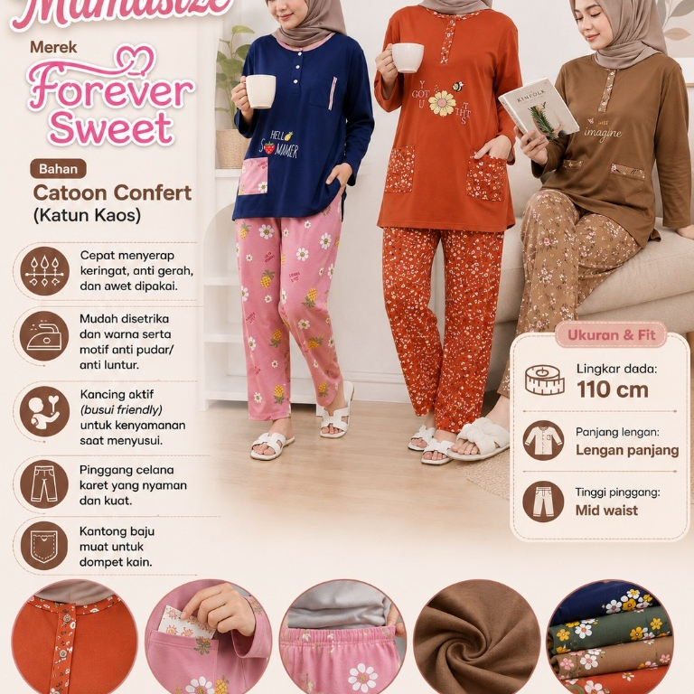 BP012 PP Mamasize Merek Forever Sweet Grosir Baju Tidur Piyama Wanita dewasa terbaru bahan Kaos