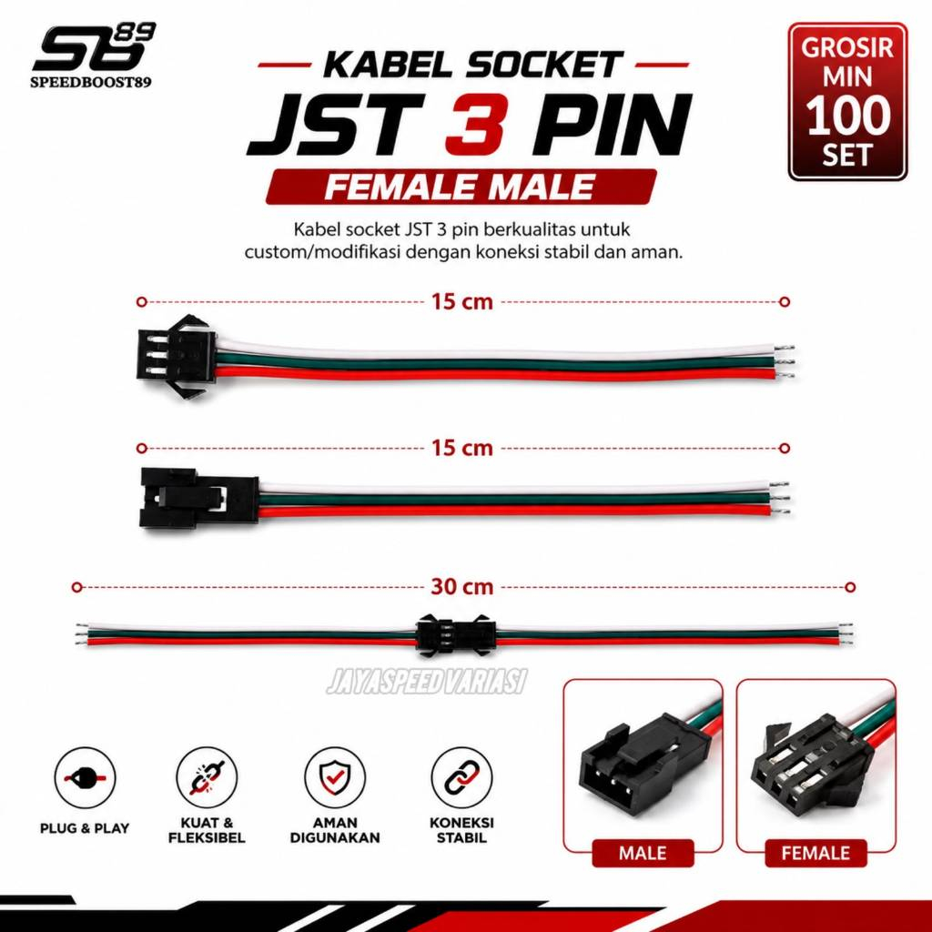GROSIR Socket 3 PIN Plus Kabel / Konektor JST 3 PIN LED DC Male Female