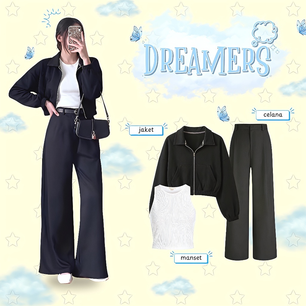 One Set OOTD Cewe Tomboy Kekinian | Jacket Crop - Celana Kulot - Manset | Setelan Baju Remaja Skena 