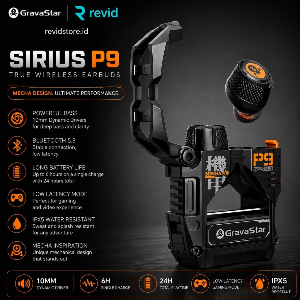 GRAVASTAR Sirius Plus P9 ANC TWS Earbuds Baru Bluetooth 5.3 ANC RGB Matte Black