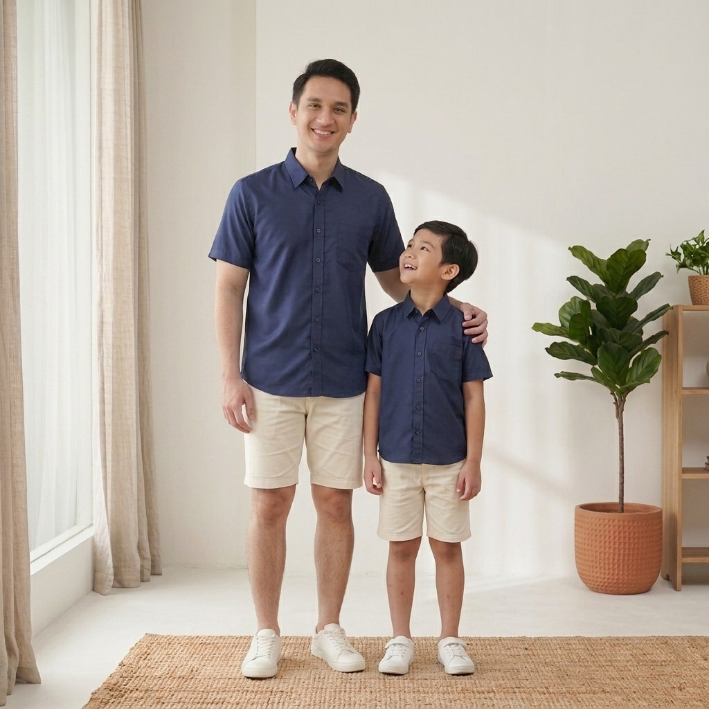 Exist Store Kemeja Couple Ayah dan Anak Lengan Pendek / Baju Kembaran Bapak Anak Laki Laki Polos
