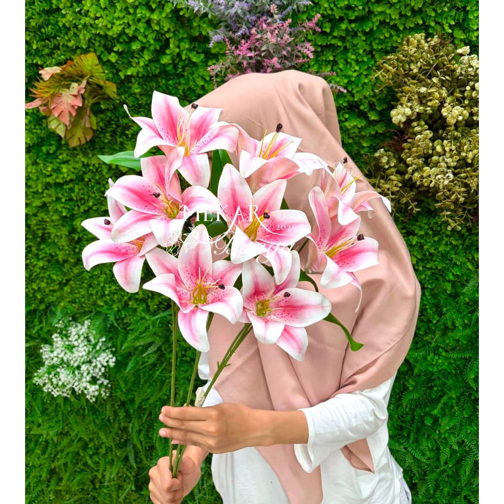 (KR 2) -  Bunga Artifisial Premium Tiger LATEX Lily Bunch x3 Kuntum Tangkai Panjang Dekorasi Bunga P