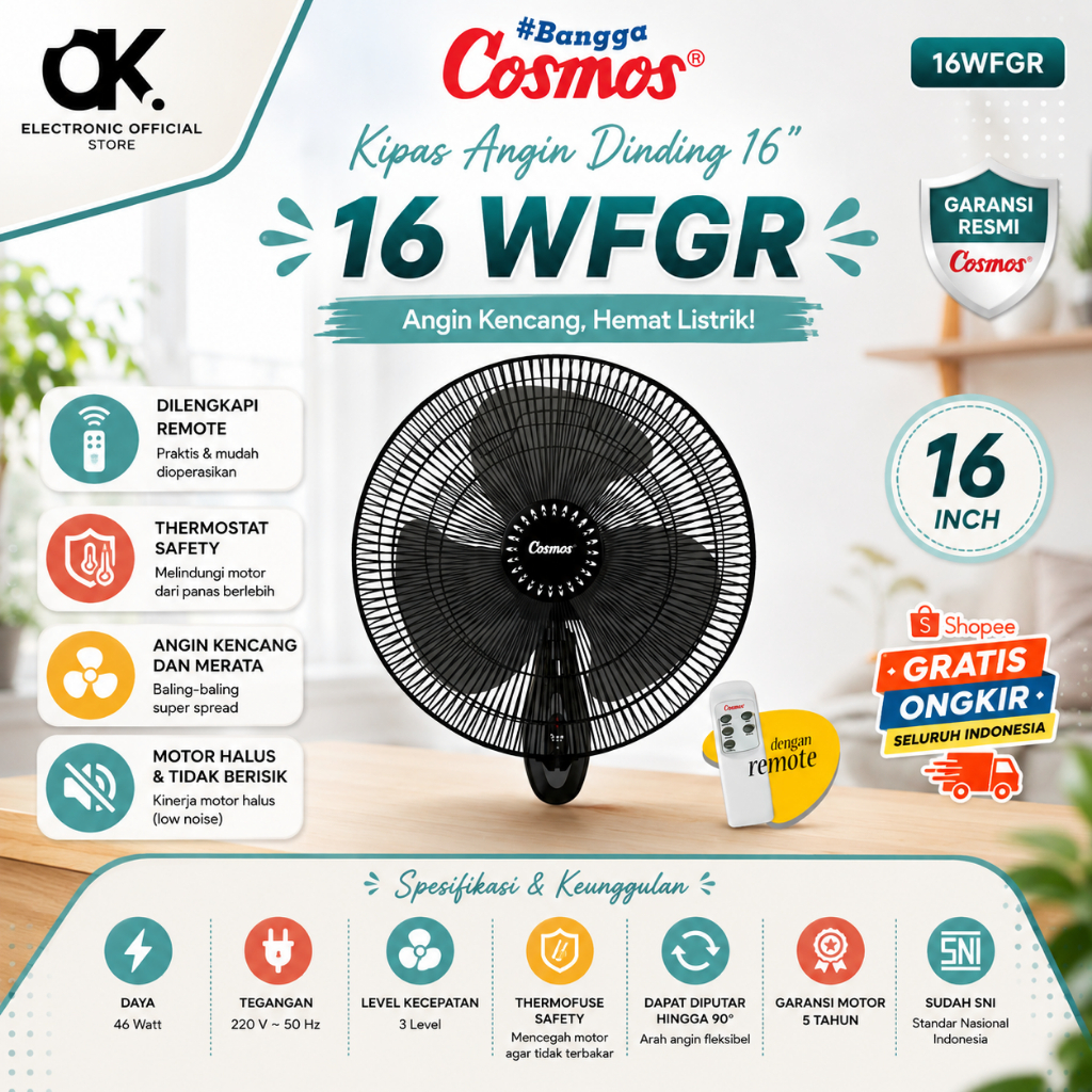 COSMOS KIPAS ANGIN DINDING - 16 WFGR 16"/16WFGR/16-WFGR/KIPASADAREMOTE/100% ORIGINAL/GARANSI RESMI