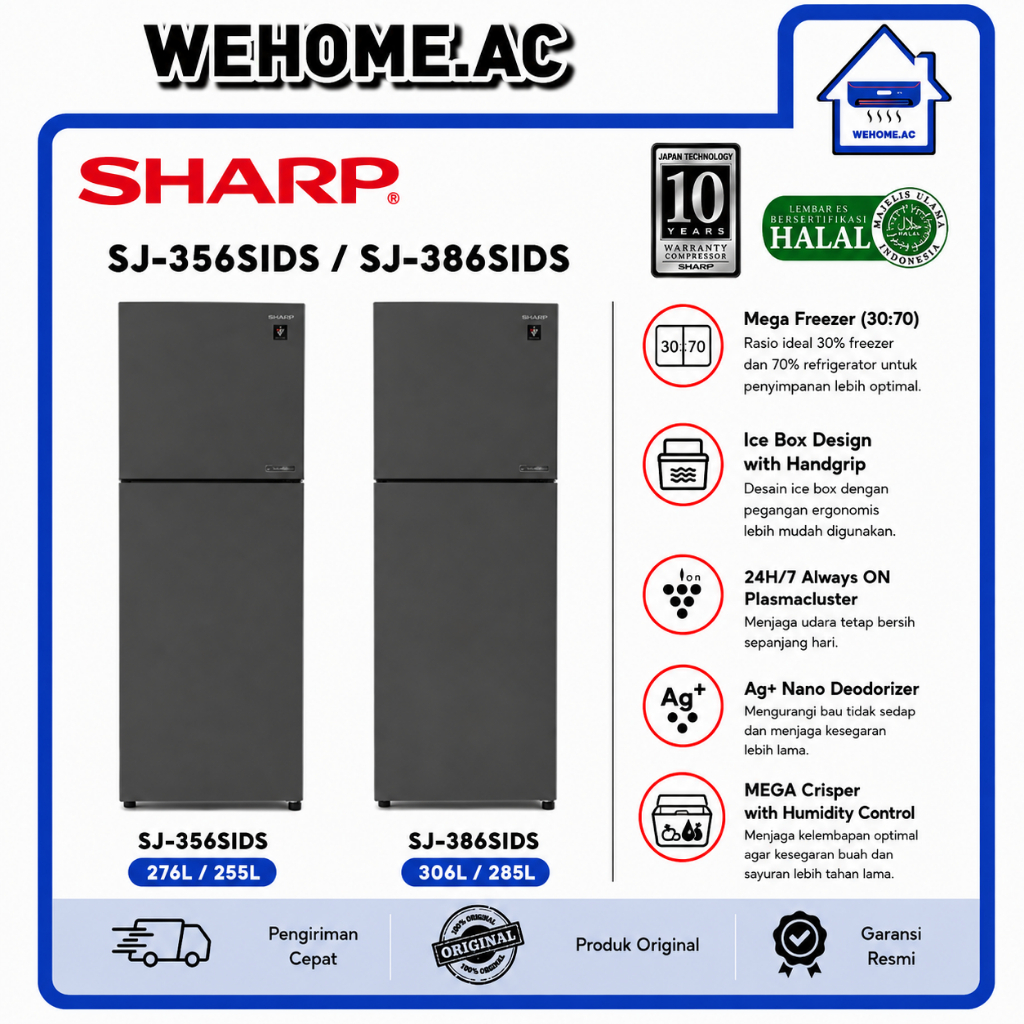 Kulkas Sharp 2 Pintu Inverter Nano Deodorizer SJ-356SIDS / SJ-386SIDS Lemari Es Dua Pintu Inverter N