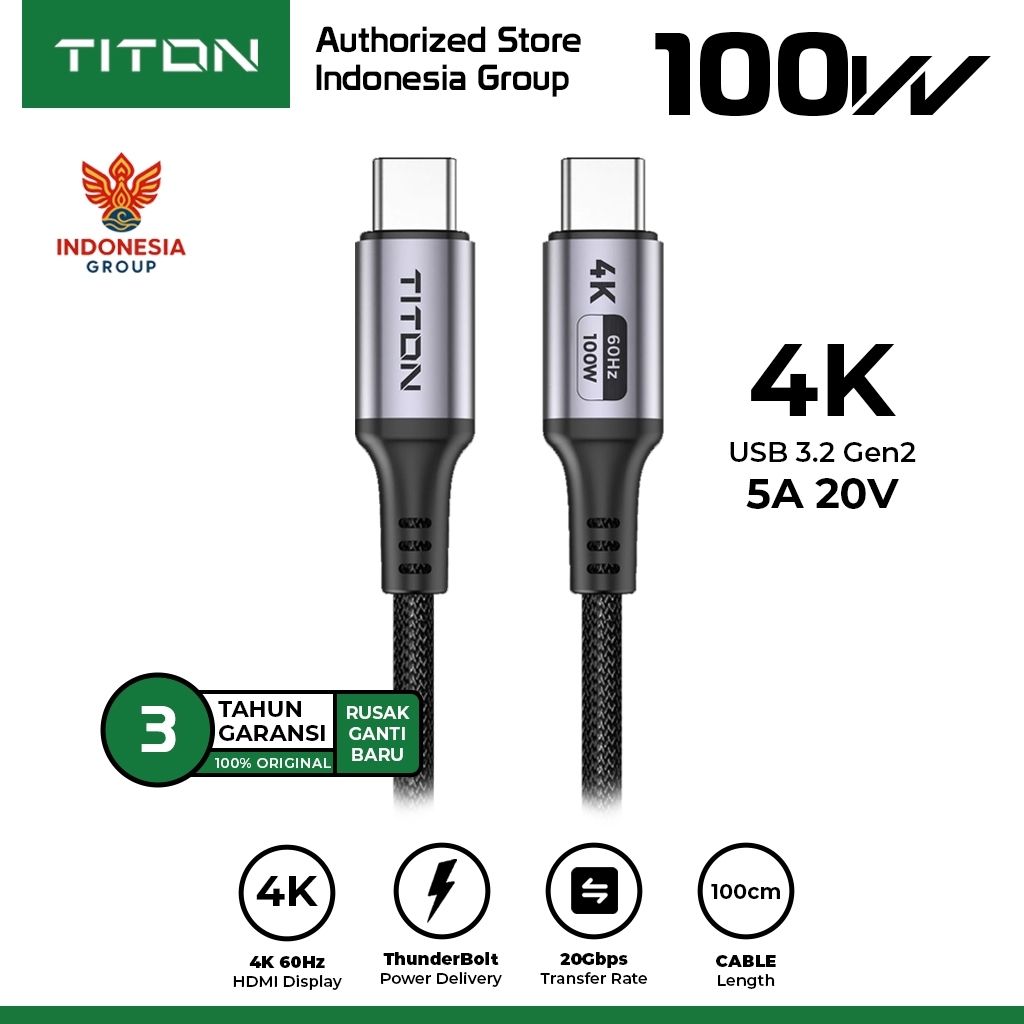 IG JKT TITON Vento 1 Kabel 100W 4K 60Hz 20Gbps USB 3.2 Gen2 USB-C to USB-C HDMI Charging SSD Externa