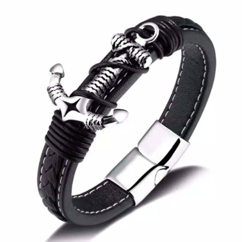 Gelang pria tali anyam hitam dengan gagang Jangkar besi model casual