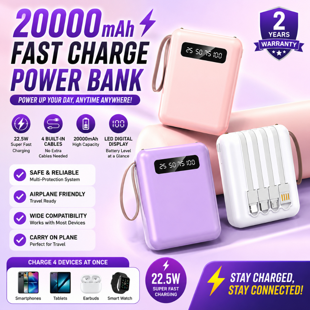 HEYCUTE LENTIVEN Power Bank 20000mAh Mini Size 4 usb Lightweight fast charging LED Senter Display YM