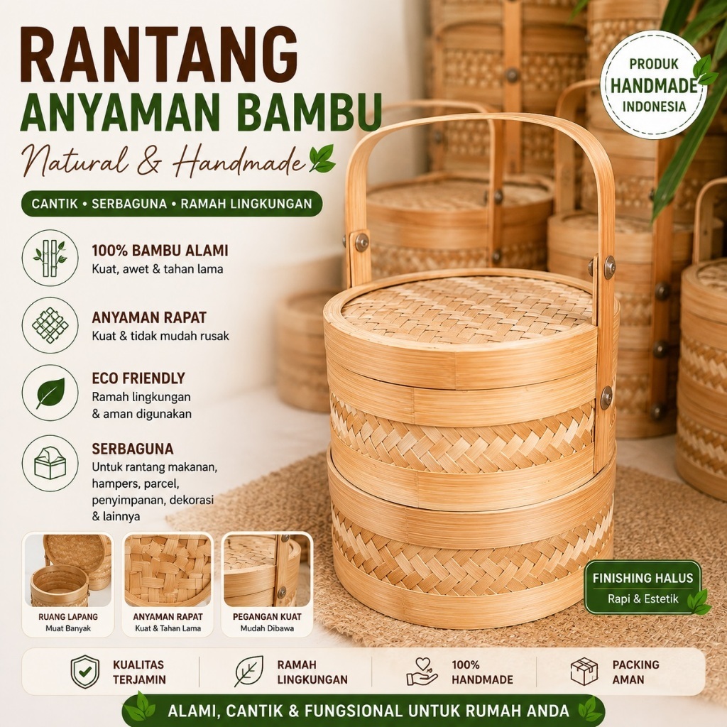 Rantang bambu Susun 2 bulat ukuran 25cm Termurah Harga GROSIR l rantang bambu l besek bambu l anyama