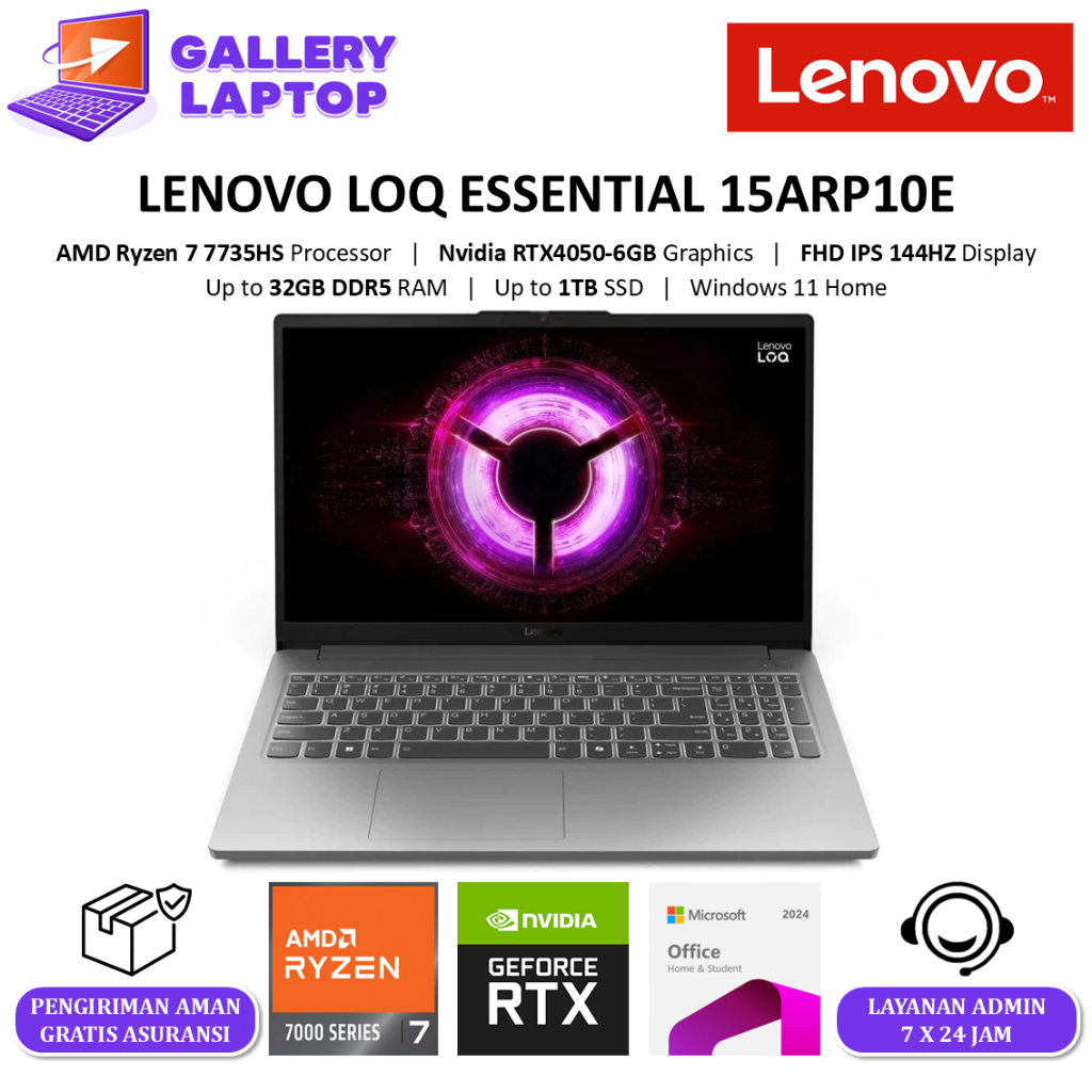 Lenovo LOQ Essential 15ARP10E 2026 AMD Ryzen 7 7735HS RTX4050 6GB RAM 32GB 1TB SSD WINDOWS11+OHS2024