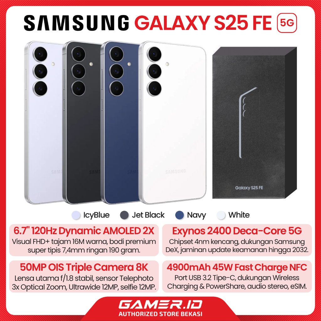 Samsung Galaxy S25 FE 5G 8GB 256GB 512GB Exynos 2400 Dynamic AMOLED 2X FHD+ 120Hz Triple Camera 50MP