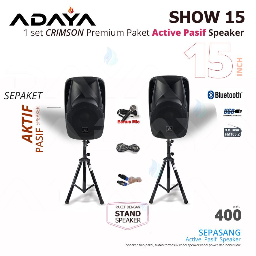 PAKET KOMPLIT SPEAKER AKTIF PASIF 15 inch RADIO BLUETOOTH CRIMSON Type SHOW 15 Sepaket Bonus mic