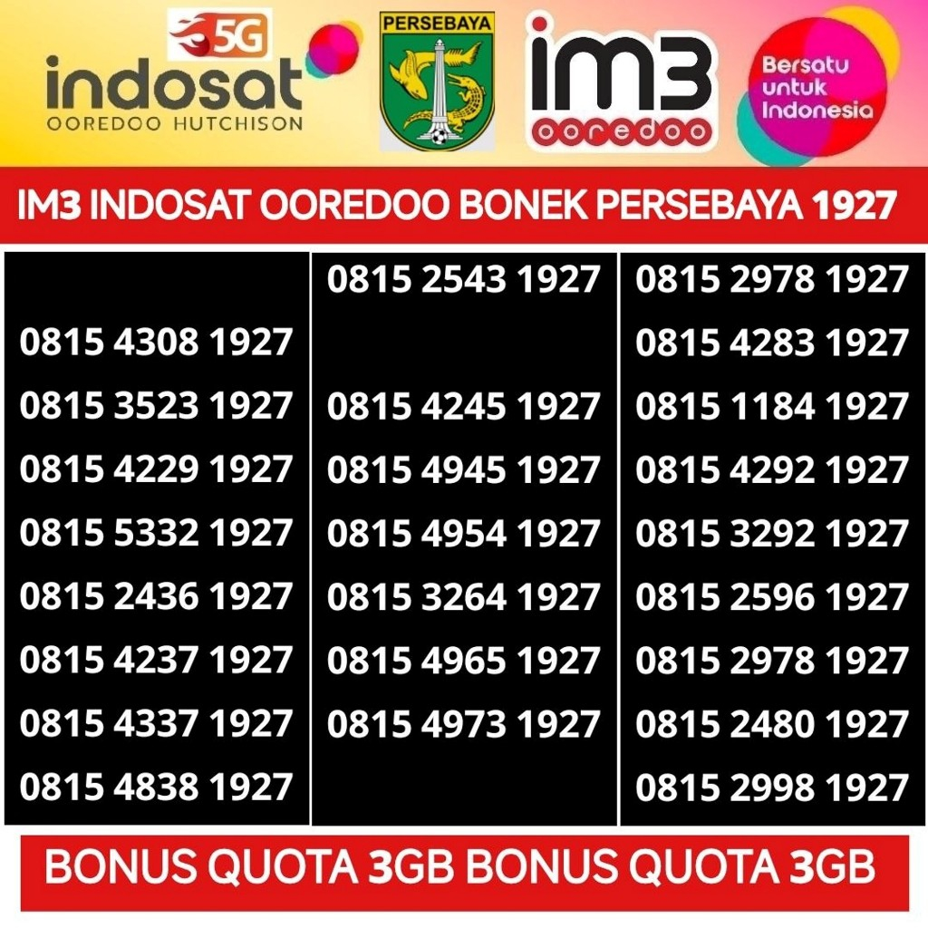 tahun PERSEBAYA 1927 BONEK SURABAYA im3 indosat ooredoo nomor cantik kartu perdana nomer 4G 5G bonus