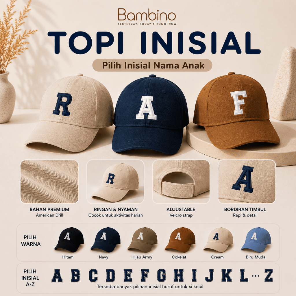 Bambino - Topi Baseball Inisial Nama Anak Laki Laki Perempuan Usia 2 - 8 Tahun - Topi Anak Huruf