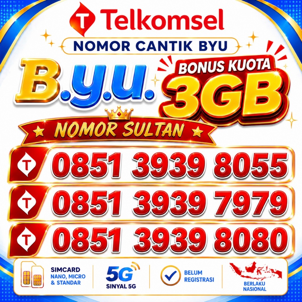 Nomor Cantik byU Telkomsel 4G 5G | Masa Aktif Selamanya Bonus Kuota 3GB