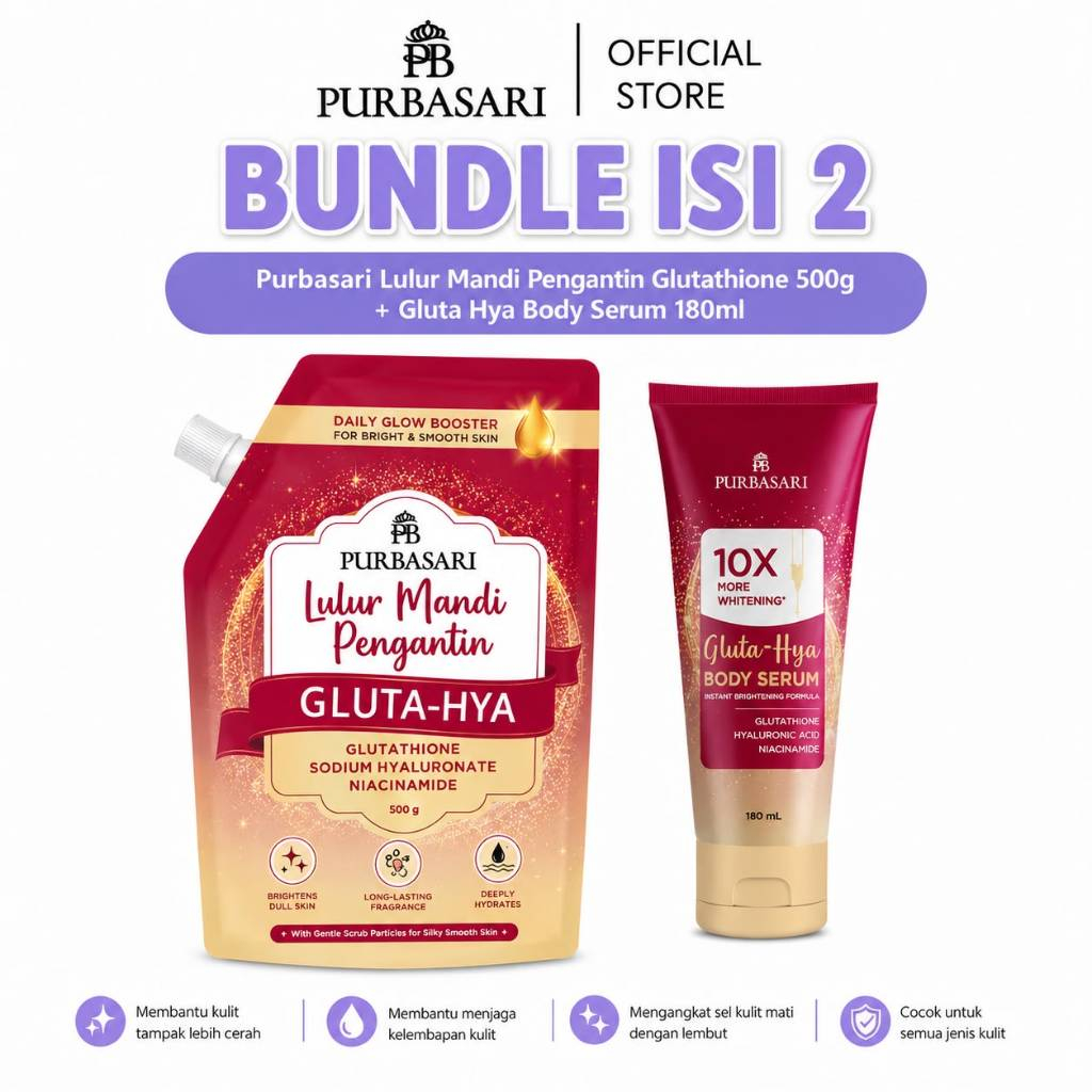 [BUNDLE ISI 2] Purbasari Lulur Mandi Pengantin 500G + Glutathione Body Serum 180ml / Melembabkan / Mencerahkan / Menutrisi Kulit
