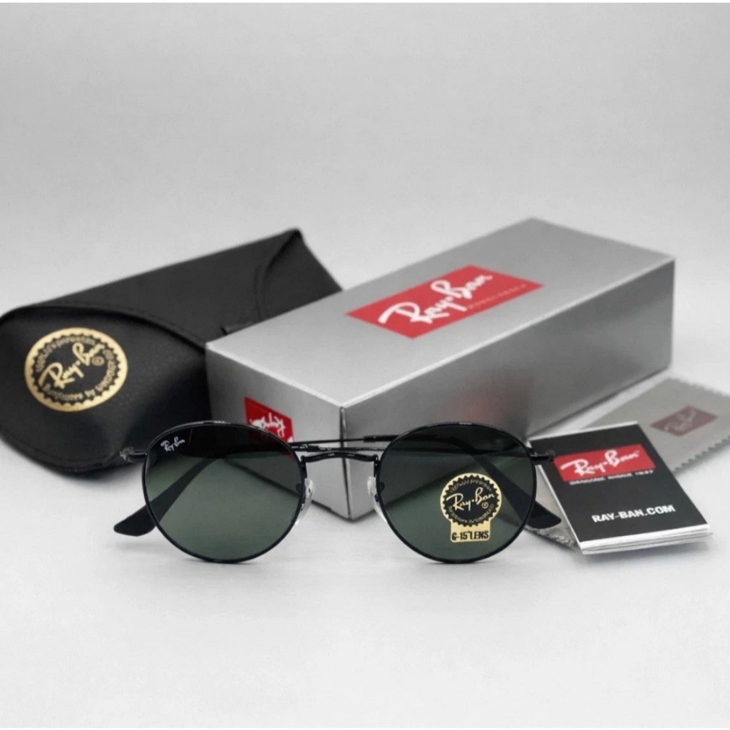 Kacamata Rayban Round Metal RB3447 002 Black Lens Green Original