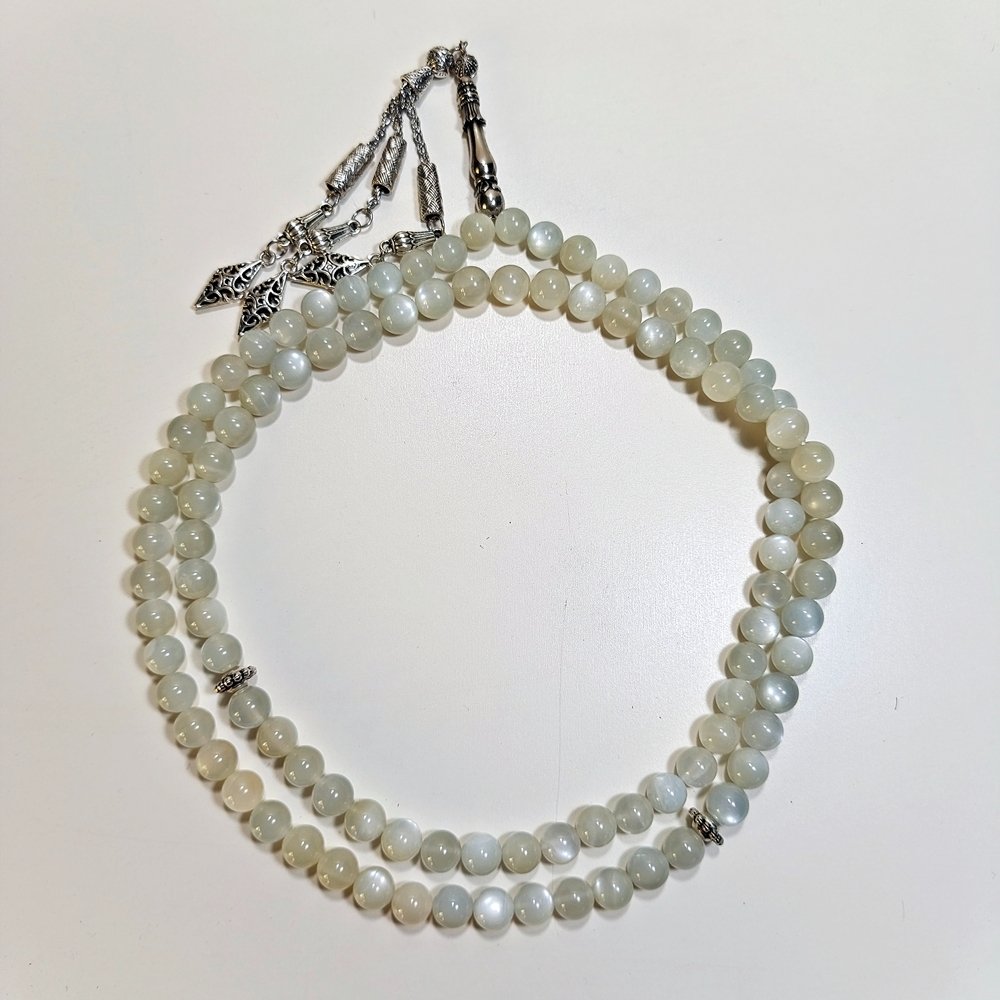 Tasbih batu silky greenish moonstone ceylon white flash grade top asli alami super langka.