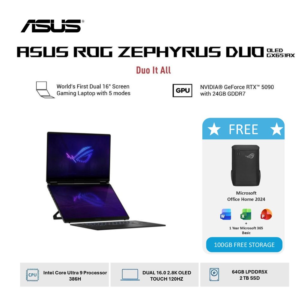 Laptop ASUS ROG ZEPHYRUS DUO GX651AX ULTRA 9 386H RTX5090 24GB/ 64GB 2TB W11+OHS+M365B DUAL 16.0 2.8