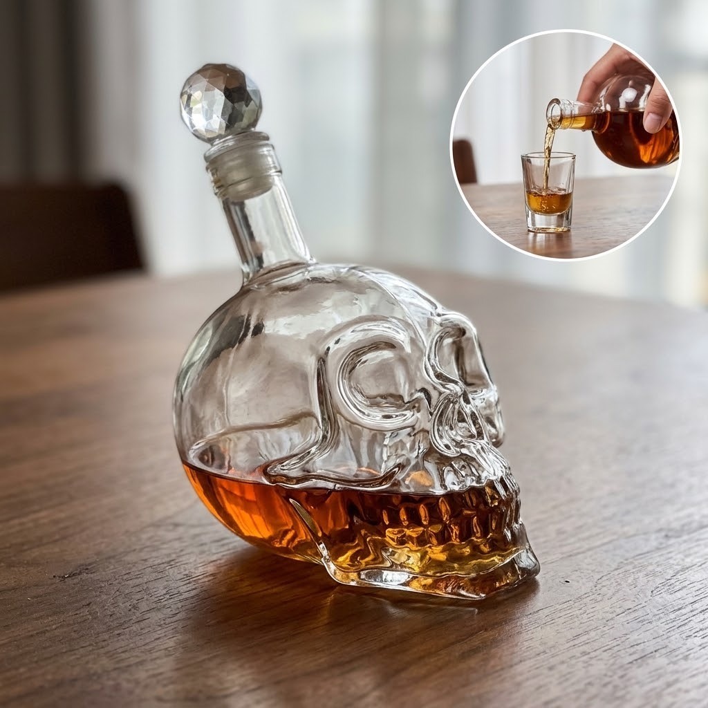 Botol Tengkorak Crystal Skull Bottle Minum Vodka 750ml Bar Cafe Leher Tuang Alkohol Pajang Kaca