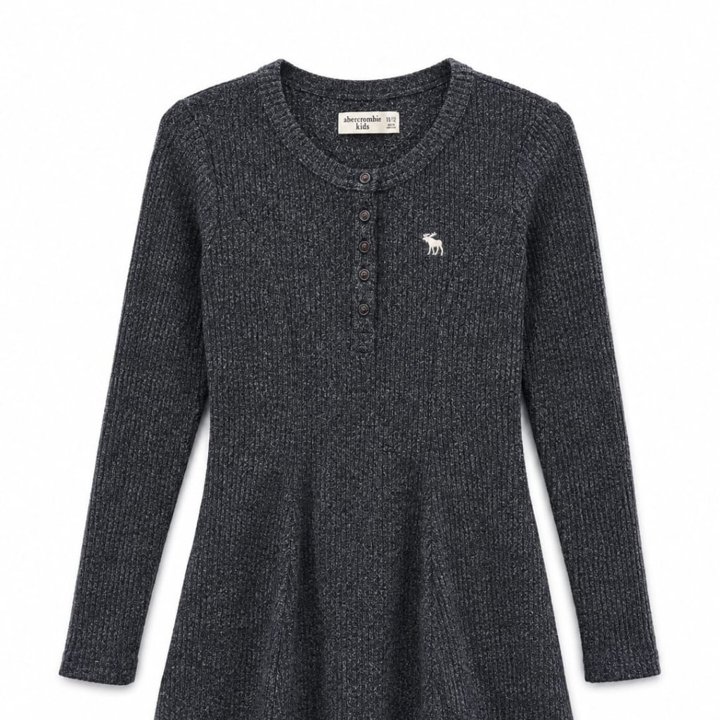 Dress rajut lengan panjang anak Abercrombie Kids warna abu-abu model henley