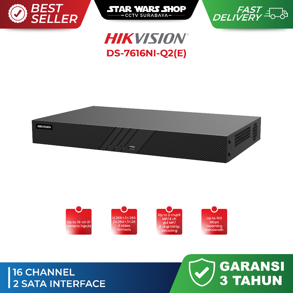 NVR 16 Channel 2HDD H265+ Hikvision DS-7616NI-Q2(E)