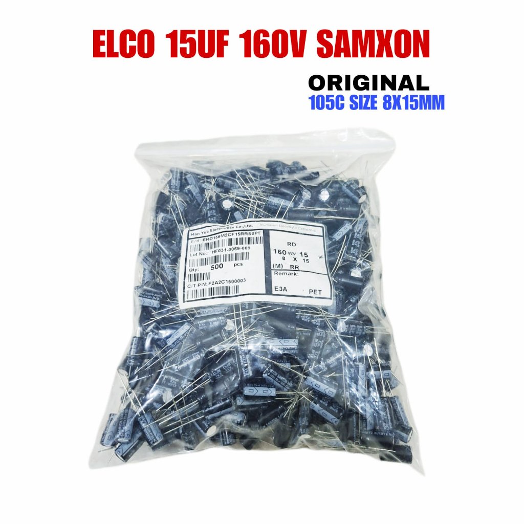 500X ELCO 15UF 160V ORIGINAL SAMXON - ROSH SIZE:8X8X15MM KAPASITOR ELKO 15UF 160V - DAPAT 500 PCS