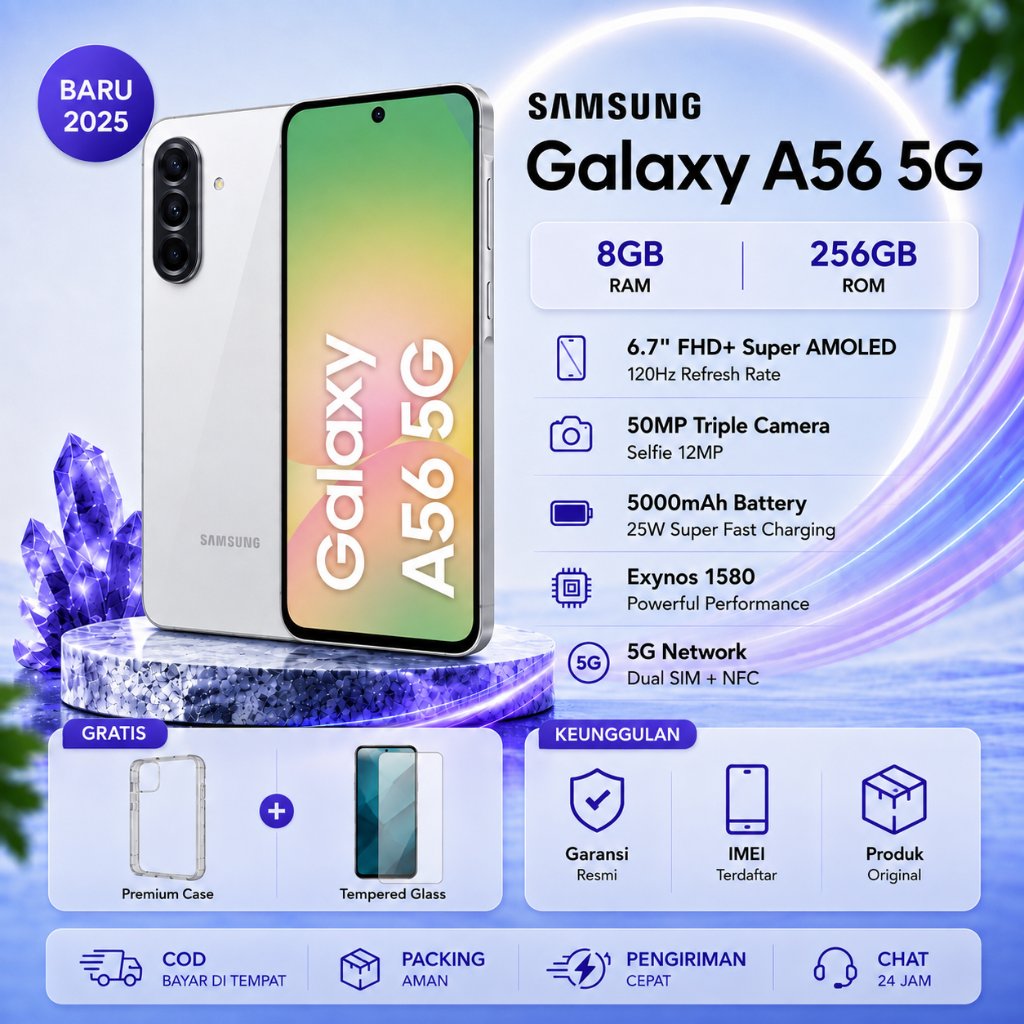 Samsung Galaxy A56 5G 8/256GB AMOLED 120Hz 50MP NFC + Gratis Casing & Tempered Glass