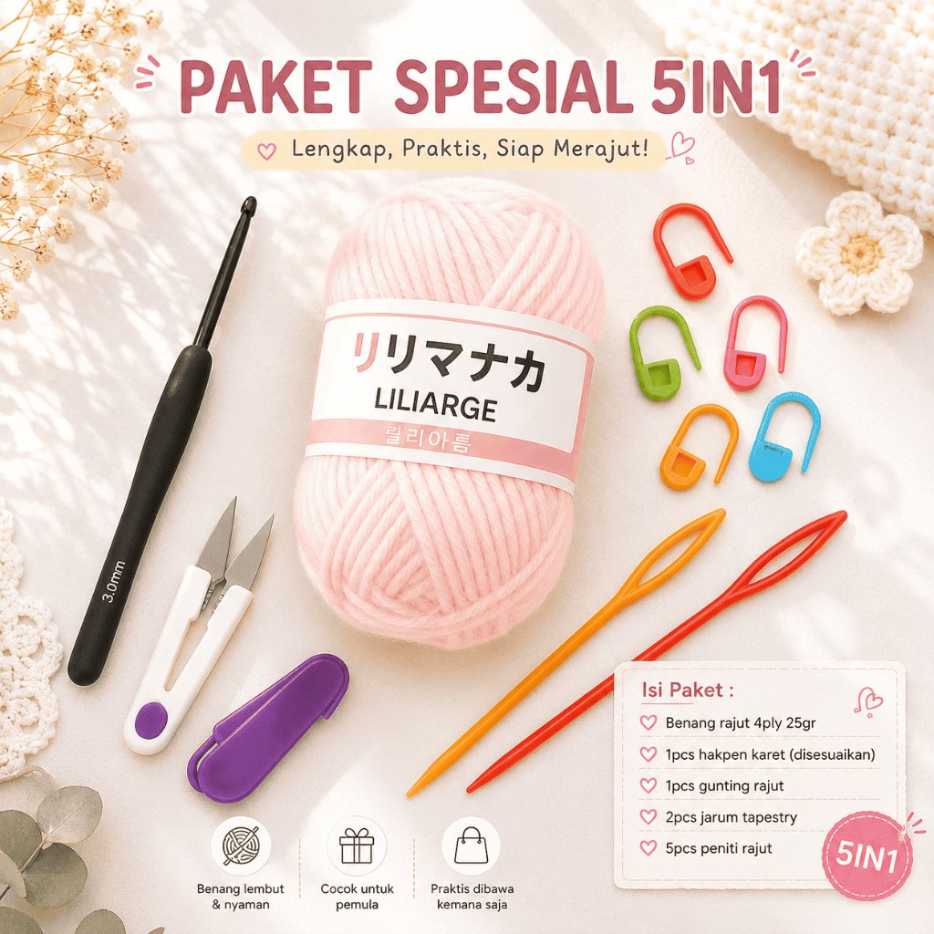 MADEBYBULAT - PAKET RAJUT PEMULA 5IN1 - BENANG RAJUT DAN ALAT RAJUT KOMPLIT MURAH