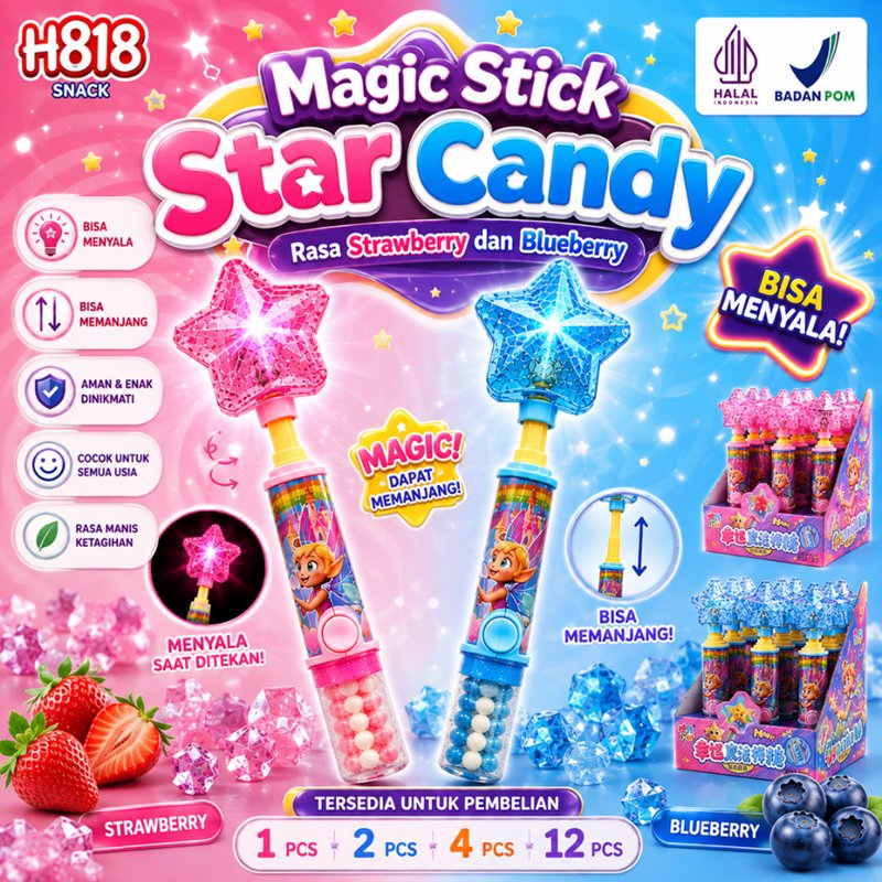 Magic Stick Star Candy– Permen Lolipop Bintang LED Lampu Menyala Rasa Buah | Permen Halal Mainan Ana
