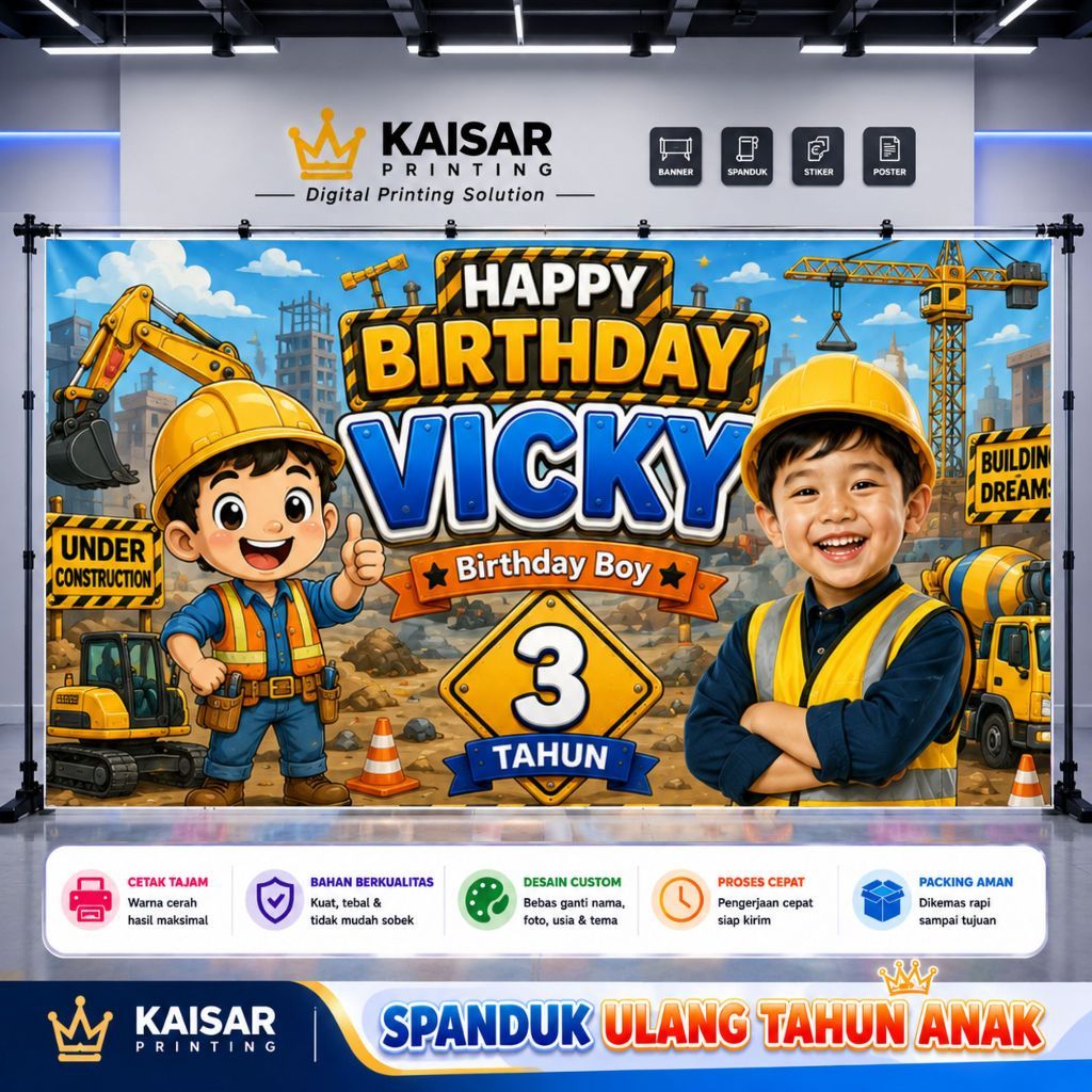 Banner Ulang Tahun Anak Laki laki Construction / Spanduk Happy Birthday Tema Construction