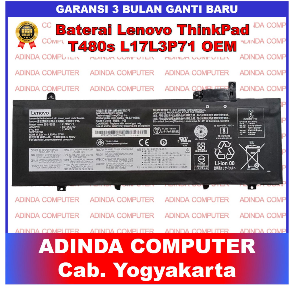 Baterai Lenovo Thinkpad T480S 01AV478 01AV479 01AV480 L17L3P71 L17S3P71 SB10K97620
