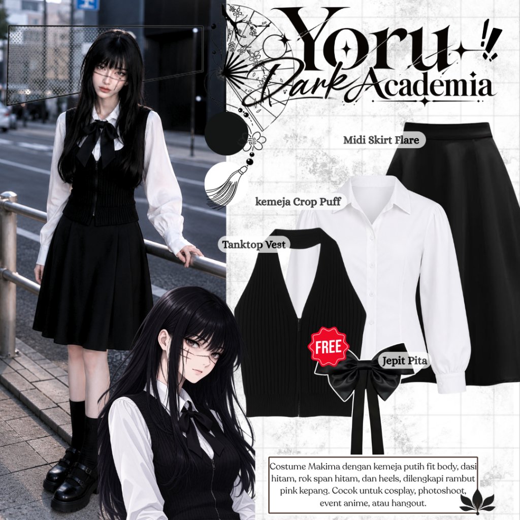 Yoru Dark Academia Setelan Cosplay Yoru Asa Mitaka (Kemeja + Vest + Rok + Pita) Outfit Yearbook |100