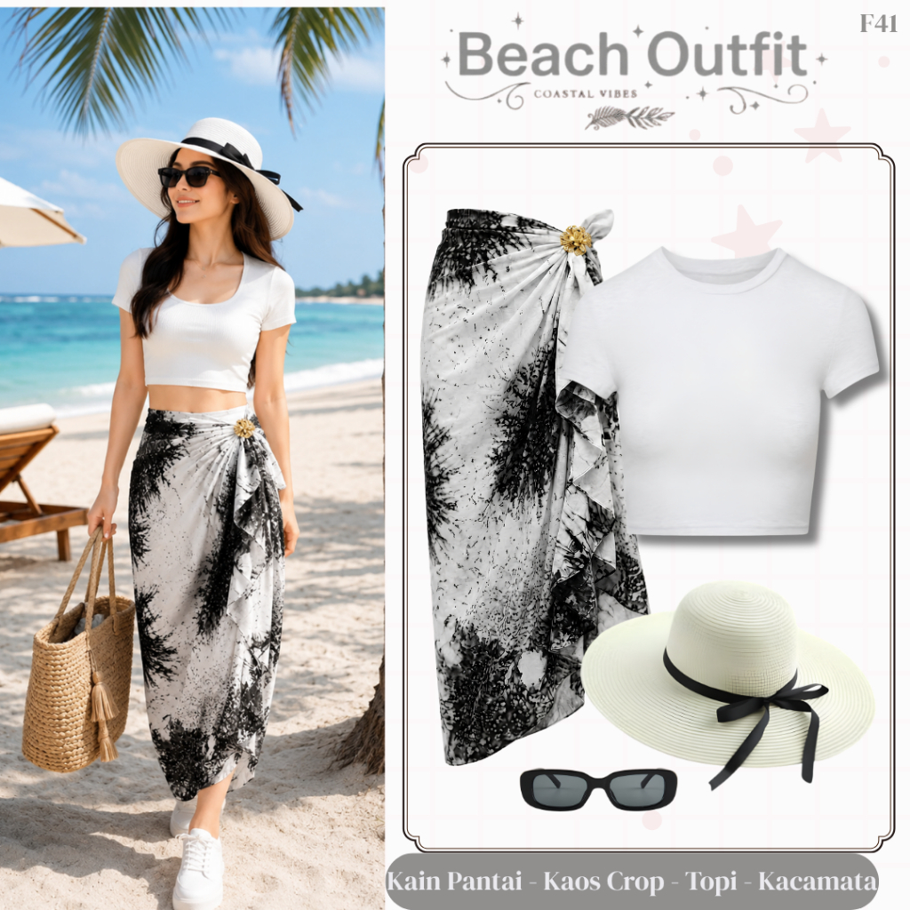 Baju Pantai Wanita Kekinian (Kain Pantai Khas Bali, Crop Top, Topi Lebar, Kacamata) OOTD Wanita Pant