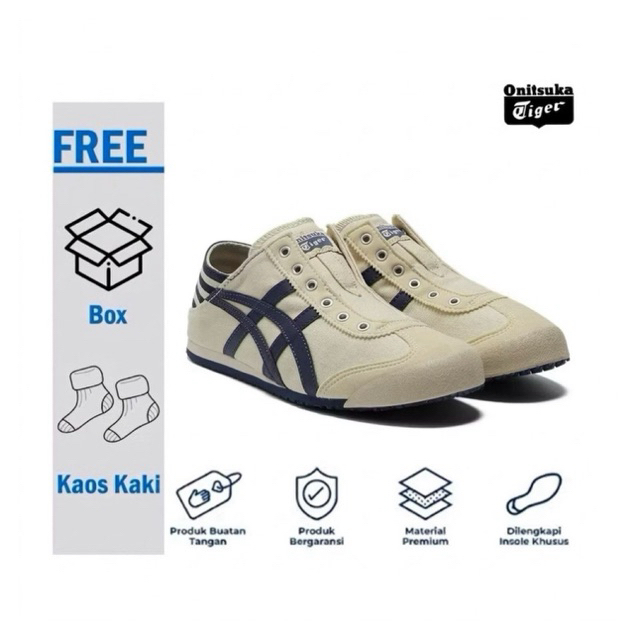 Sepatu Sneakers Pria Wanita Onitsuka Tiger Mexico 66 Slip On Kanvas Paraty Cream Navy
