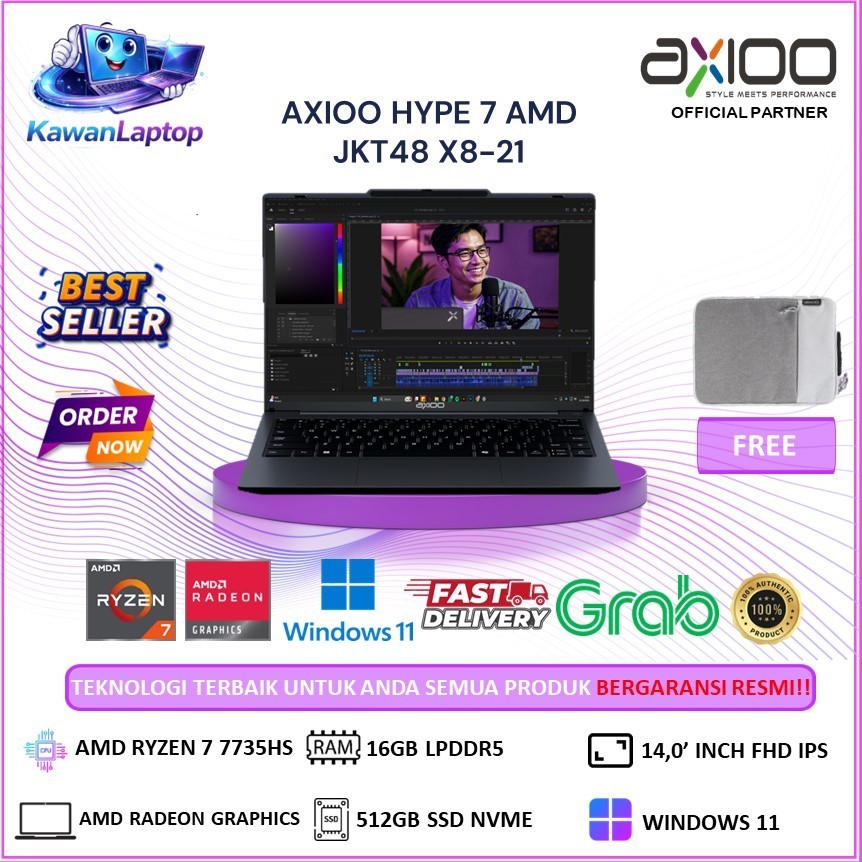 Laptop Axioo Hype 7 AMD JKT48 X8-21 Ryzen 7 7735HS RAM 16GB SSD 512GB W11 14inch FHD IPS