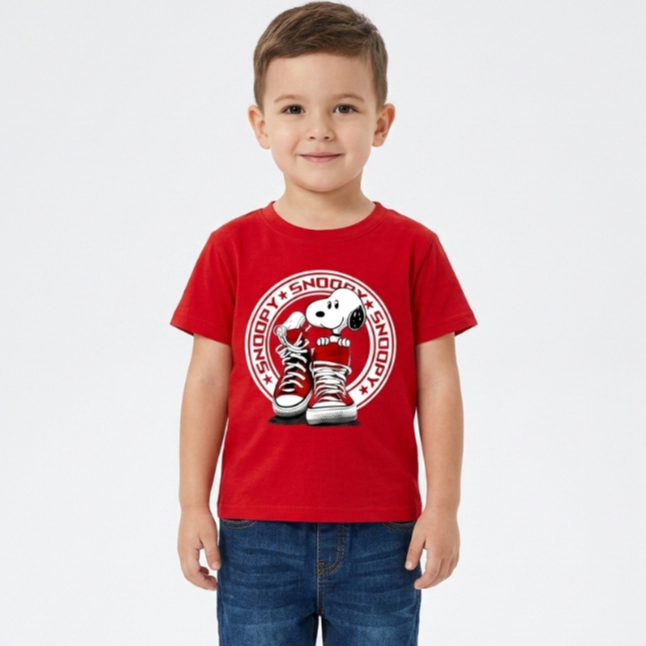 Setelan Kaos Anak Unisex Motif Snoopy Lengan Pendek Baju Anak Casual Celana Levis Panjang