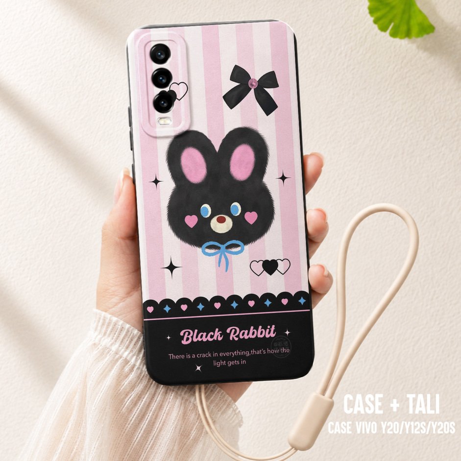 Casing HP CASE + TALI untuk Vivo Y20/Y12s/Y20s motif Black Rabbit dengan tali gantung