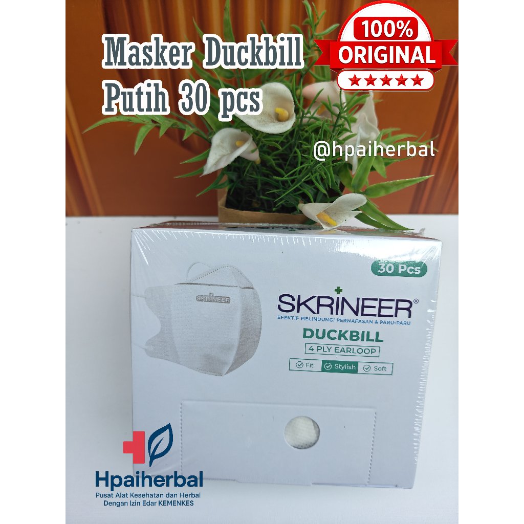 SKRINEER Masker Duckbill Putih 4 Ply Premium Earloop Isi 30 Pcs Box Original