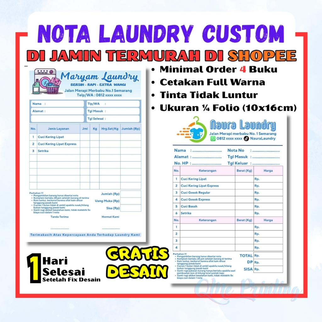 [TERMURAH DI SHOPEE] nota laundry custom nama nota laundry 2 rangkap nota laundry 3 rangkap nota lau