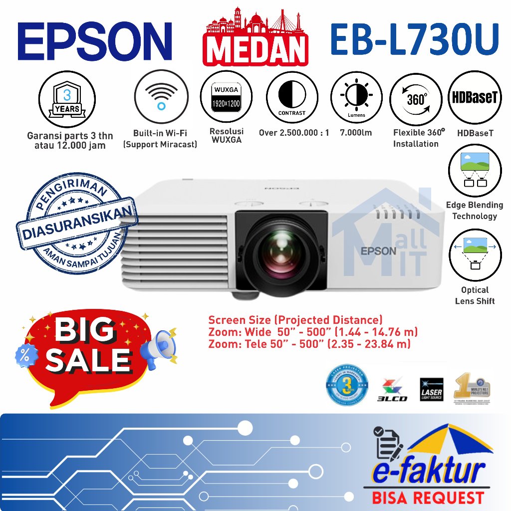 MALLIT EPSON Proyektor Laser EPSON EB-L730U EBL730U EB L730U WIFI WUXGA 7000 Lumens Medan