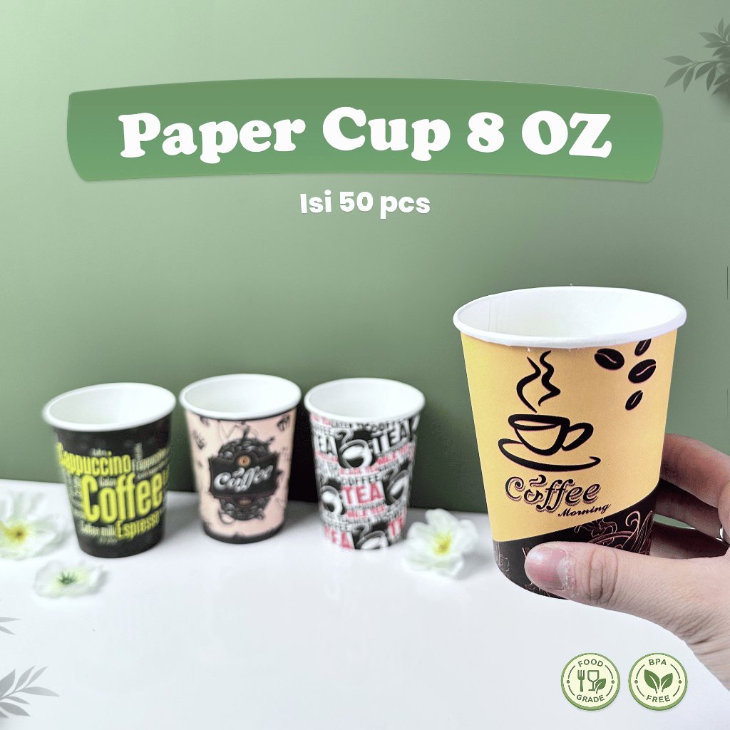 Paper Cup ECO 8 Oz Motif Random Isi 50 Pcs / Eco Friendly / Gelas Kopi Teh Kertas / Tahan Panas