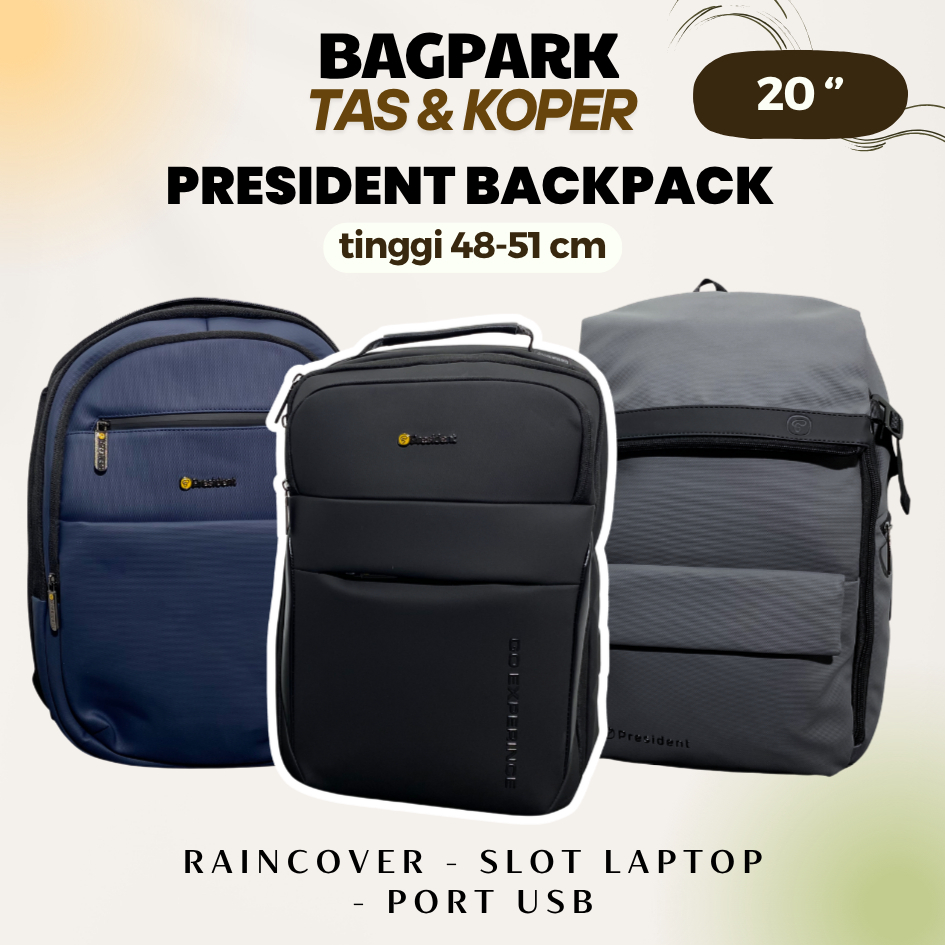 Tas Ransel President Backpack Laptop Port USB Handle Tebal Rain Cover Polister Tebal Ransel Travelin