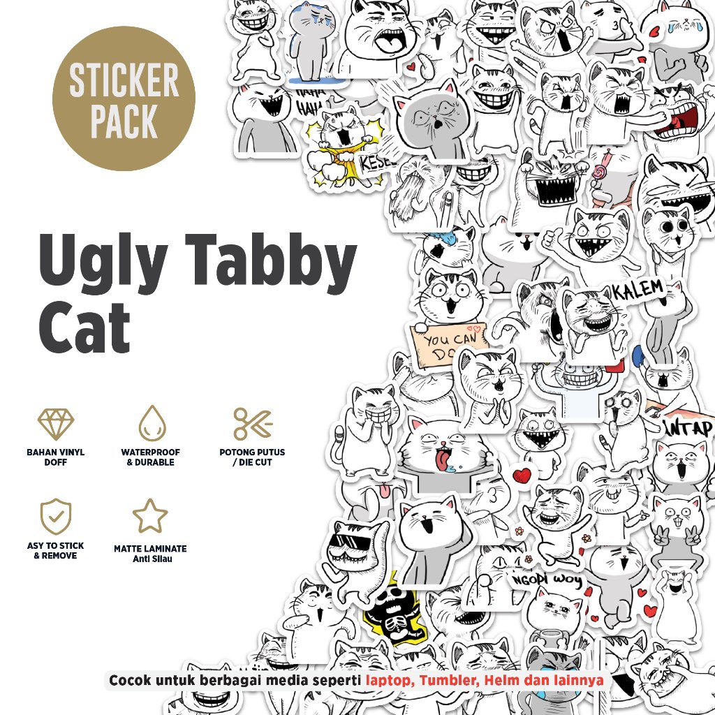 Mini Stiker Ugly Tabby Cat Pack Vinyl Doff Waterproof Aesthetic untuk Laptop Tumbler Helm Sepeda Mot