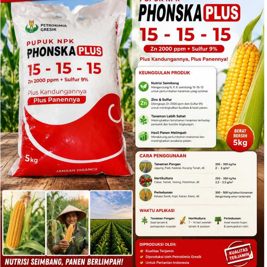 Pupuk NPK Phonska Plus 15-15-15 + Zn 2000 ppm + Sulfur 9% 5 Kg
