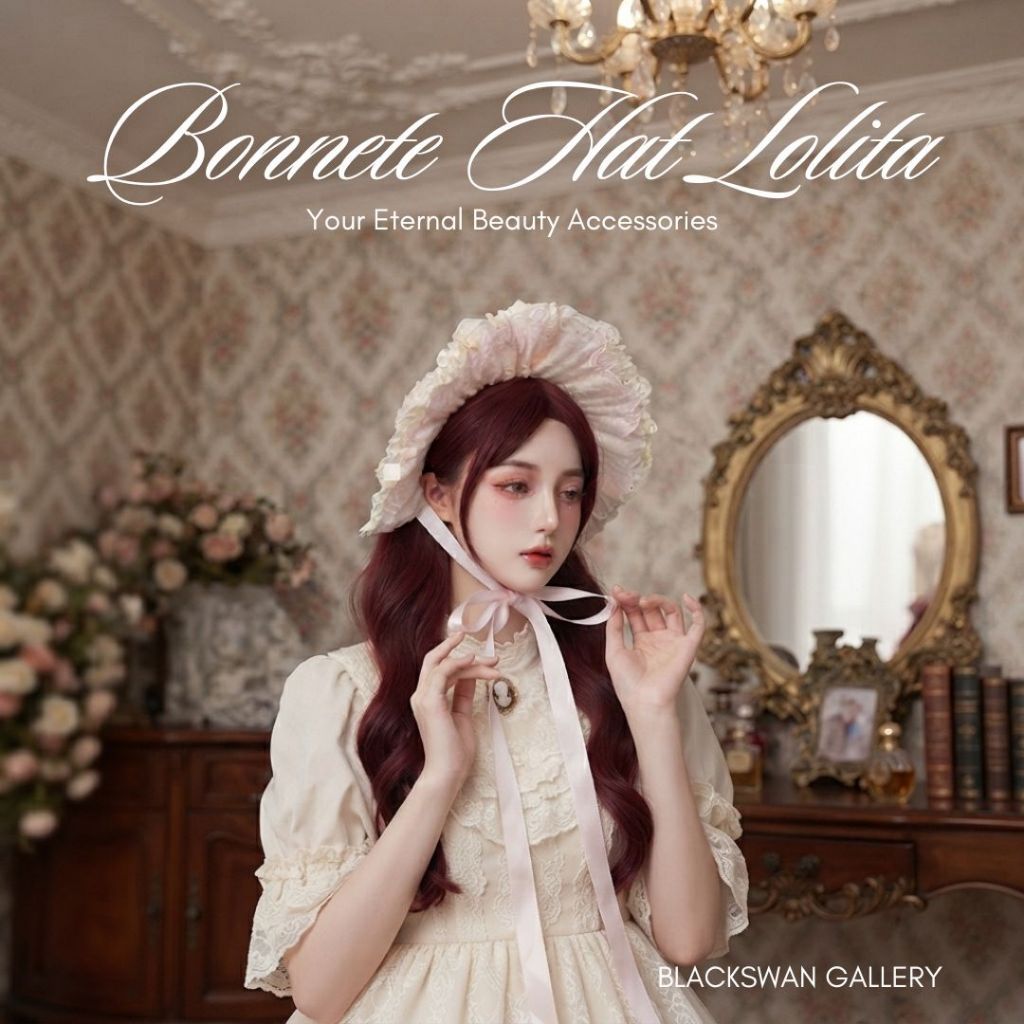 Blackswan Bonnete Hat Lolita Hijab Pita Wanita Aksesoris Kostum Dress Elegan Warna Krem Aksesoris Ra