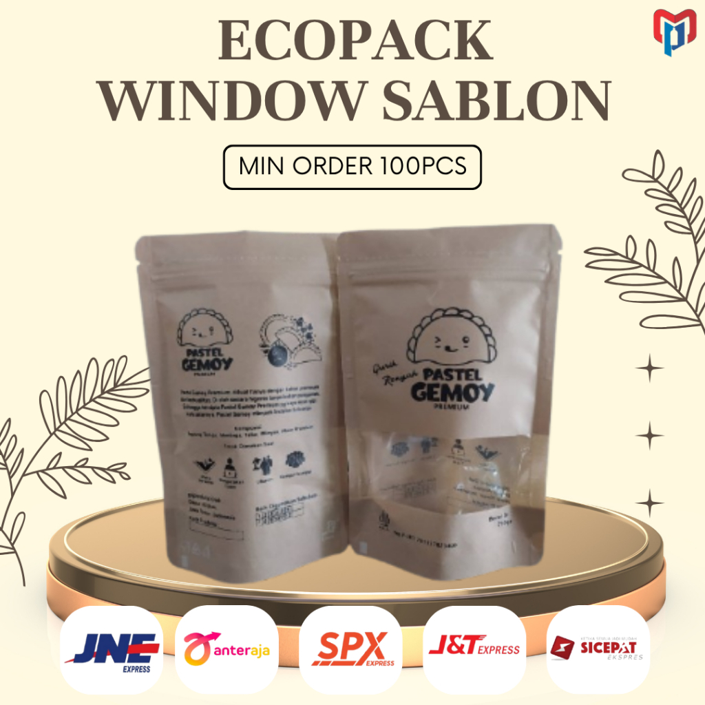 (100pcs) PAKET KEMASAN STANDING POUCH ECOPACK WINDOW + SABLON MERK CUSTOM DESAIN