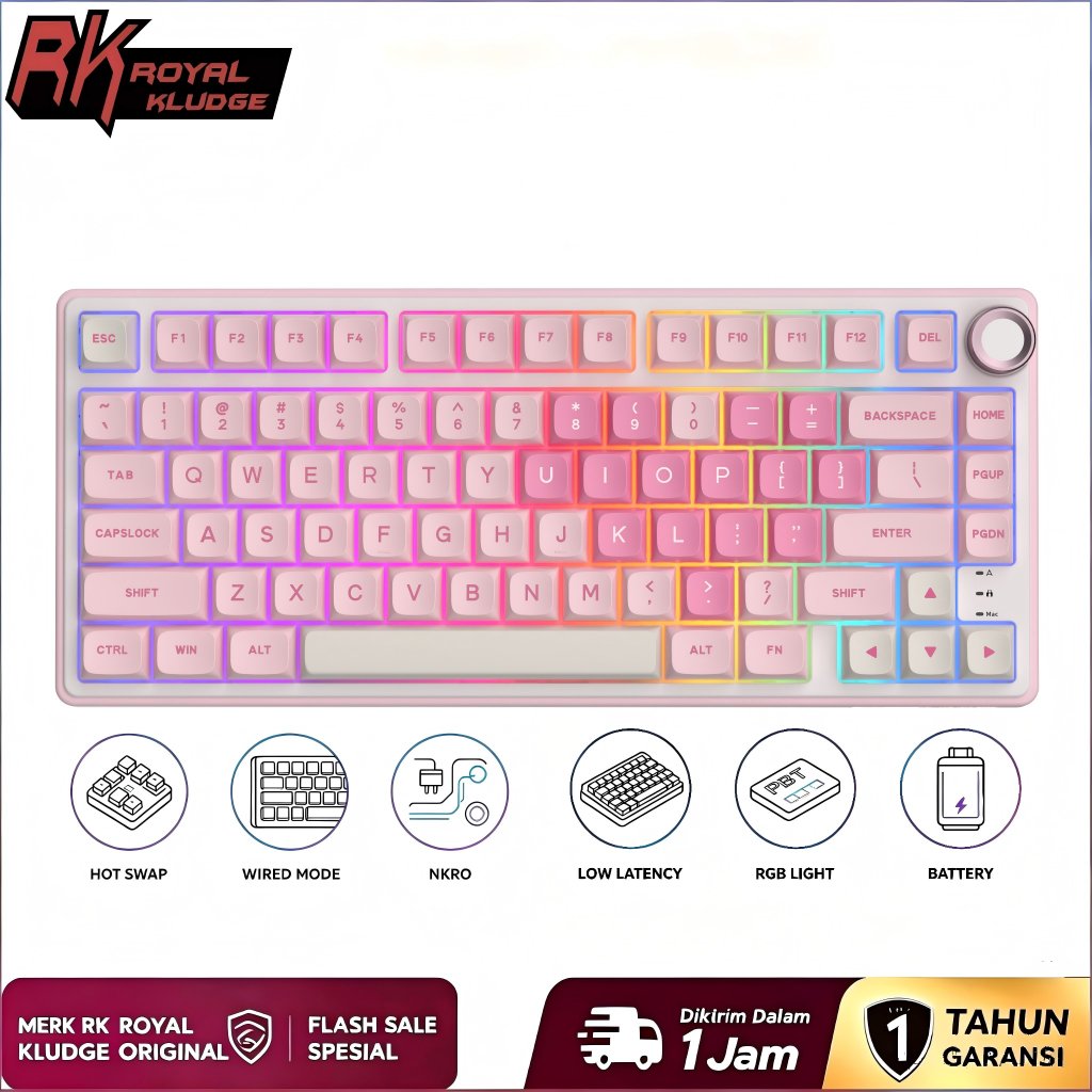RK Royal Kludge RKR75 Pink Melody Gasket Wired With Knob Mechanical Keyboard