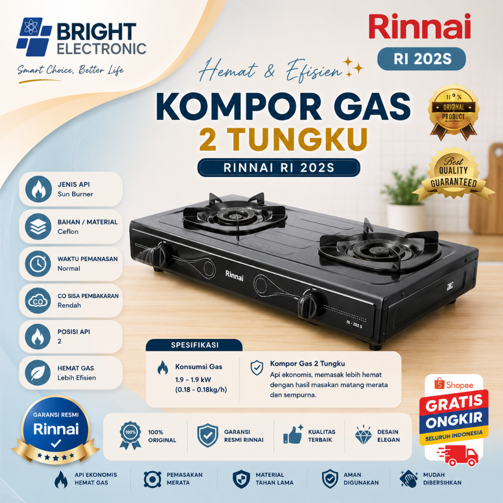 RINNAI KOMPOR GAS 2 TUNGKU RI 202S Kompor Gas TERMURAH ORIGINAL/RI-202S/RI202S/202S/RI 202 S