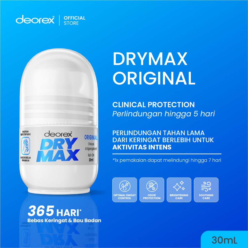 Deorex DryMax Original Clinical Antiperspirant Deodorant Whitening Brightening Roll on 30ml Solusi Keringat Berlebih dan Bau Badan